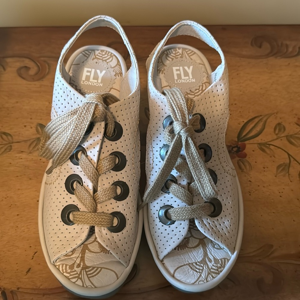 Fly London Cashmere/cream YLVA Perforated Wedge Sandals 37, 6.5 or 7
New in box
